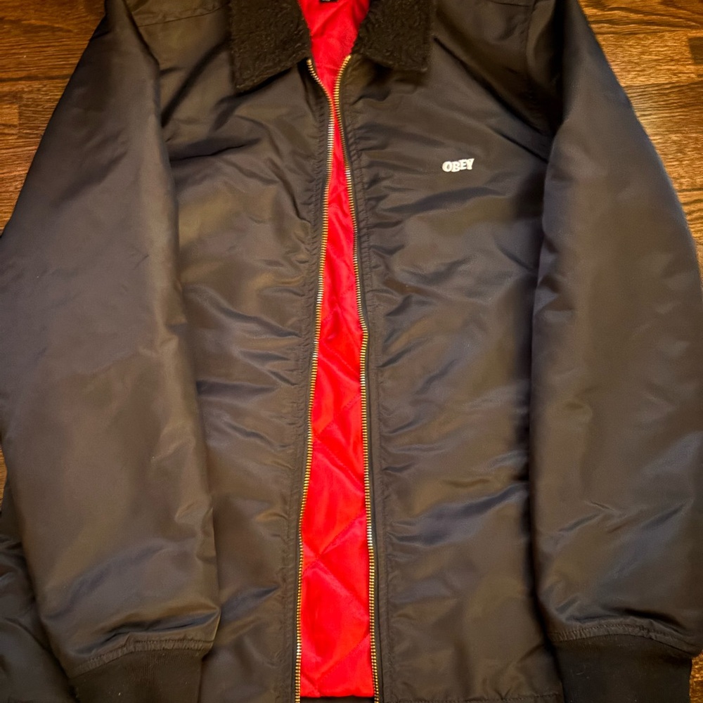 Obey Black Bomber Jacket with Red Lining